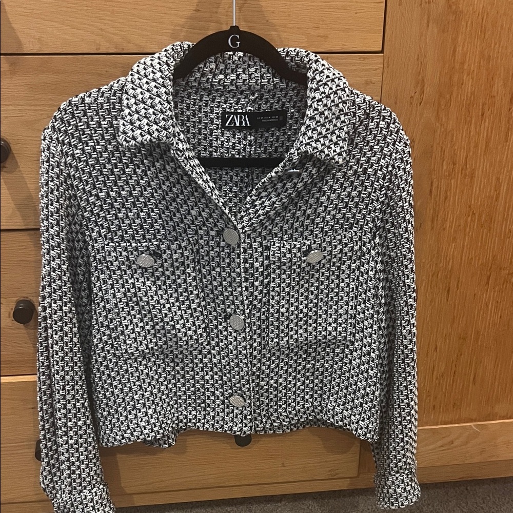 ZARA Navy and White Tweed Cropped Blazer